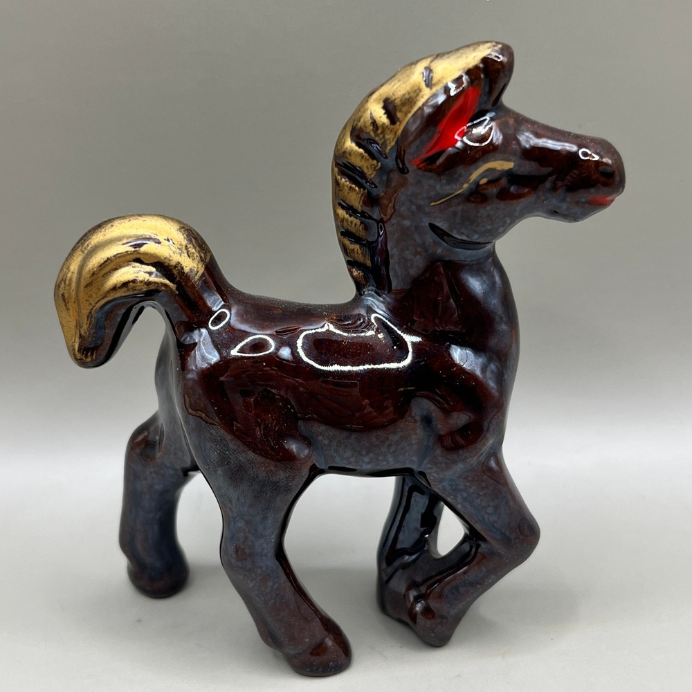 Vtg Japan Ceramic Redware Horse Figurine Brown Gold Gilt Accents Mid Century 4in